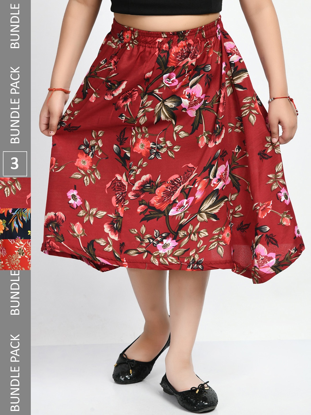 

IndiWeaves Girls Pack Of 3 Floral Printed Flared Midi Skirts, Red