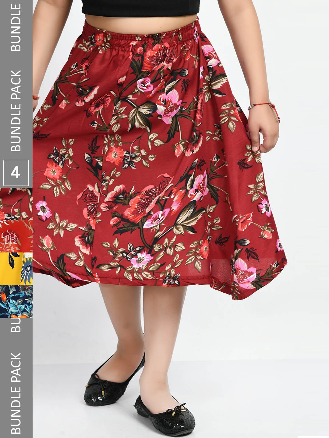

IndiWeaves Girls Pack Of 4 Floral Printed Skirts, Yellow