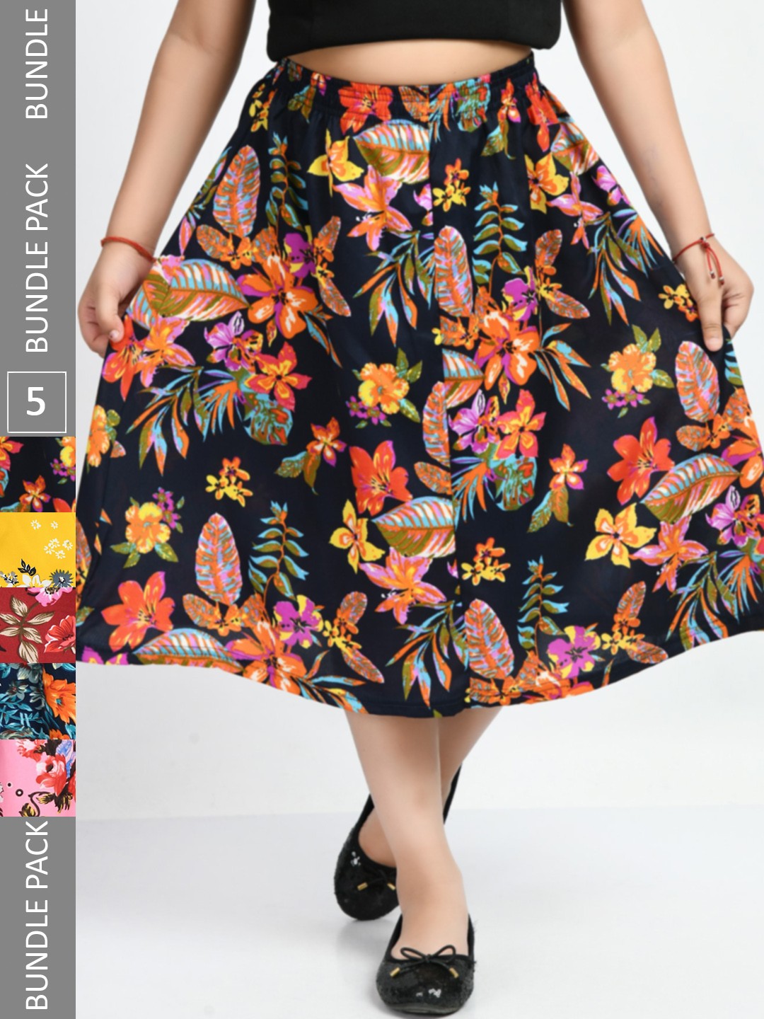 

IndiWeaves Girls Pack Of 5 Printed Flared Midi Skirts, Blue