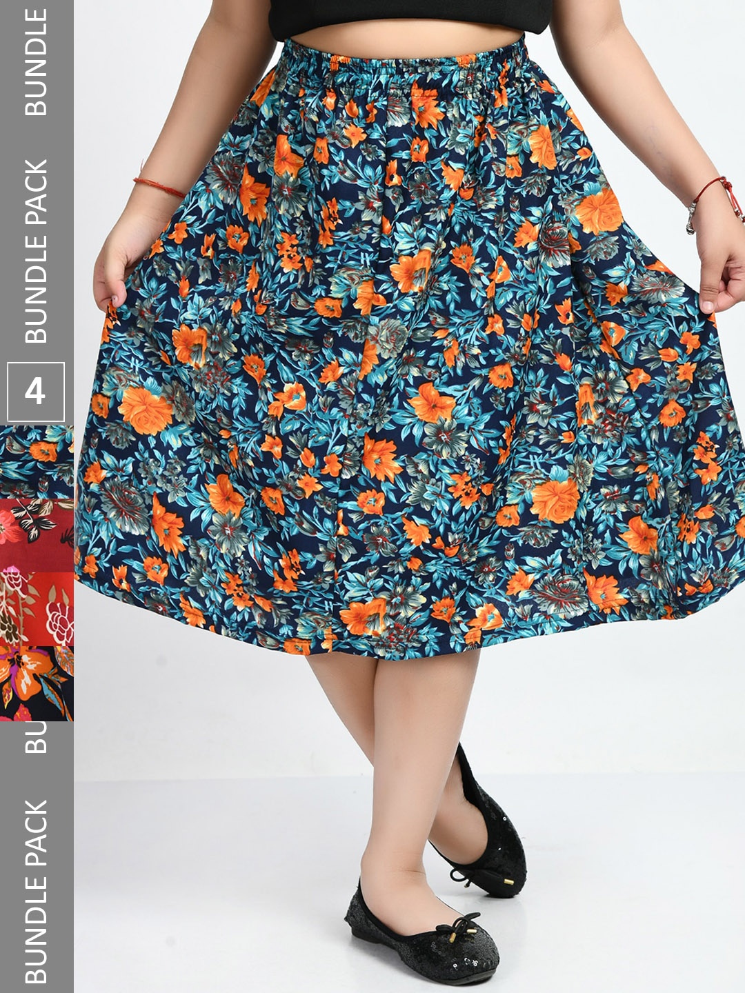 

IndiWeaves Girls Pack of 4 Floral Printed Knee-Length Skirts, Red