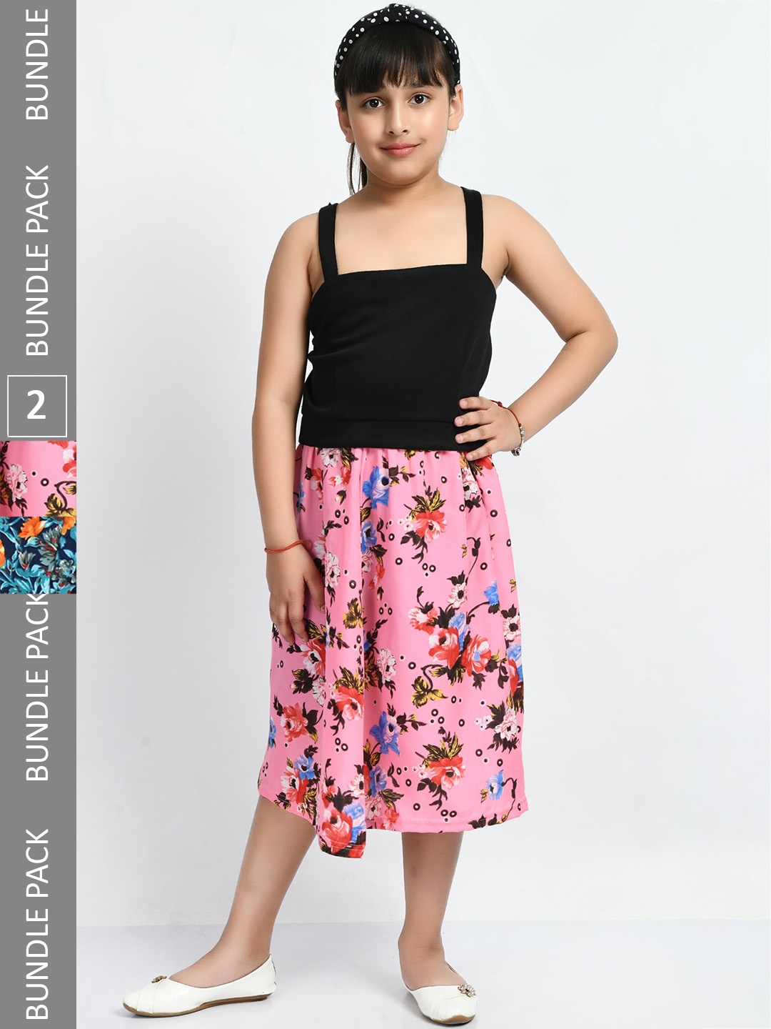

IndiWeaves Girls Pack Of 2 Floral Printed Crepe Midi Flared Skirts, Pink