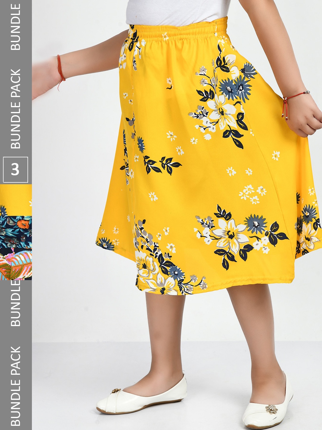 

IndiWeaves Girls Pack Of 3 Floral Printed Crepe Midi Flared Skirts, Blue