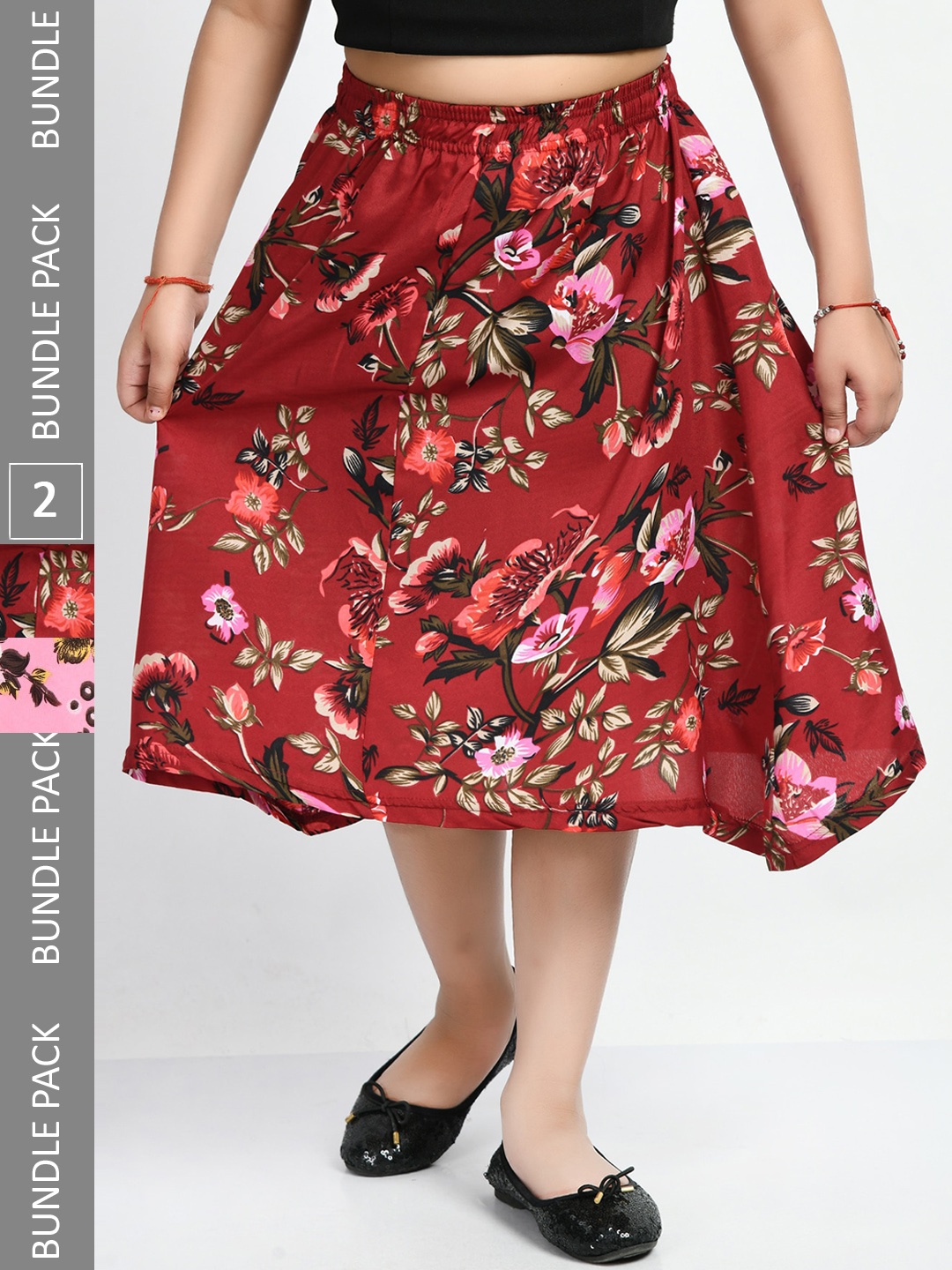 

IndiWeaves Girls Pack Of 2 Floral Printed Midi Skirts, Pink