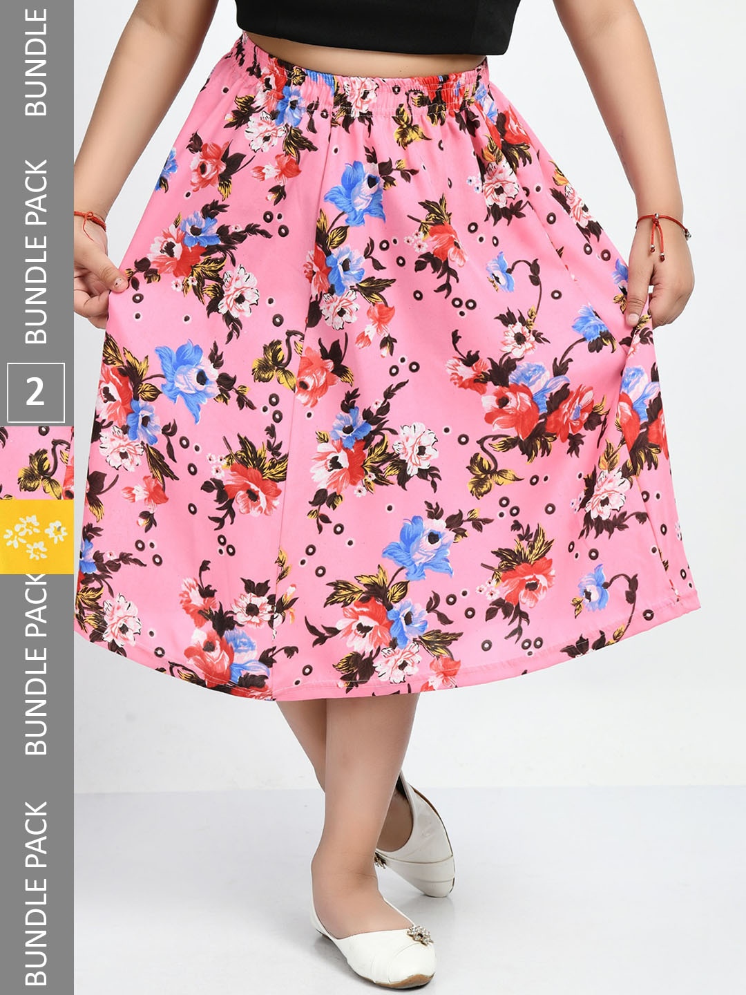 

IndiWeaves Girls Pack Of 2 Floral Printed Midi Skirts, Pink