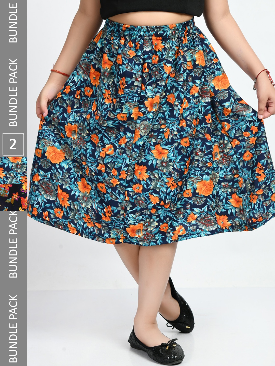

IndiWeaves Girls Pack Of 2 Floral Printed Midi Skirts, Blue