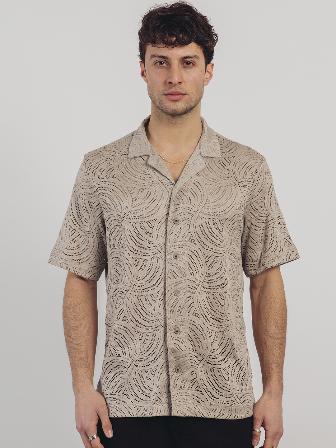 

catch Open-Knit Crochet Cuban Collar Shirt, Beige