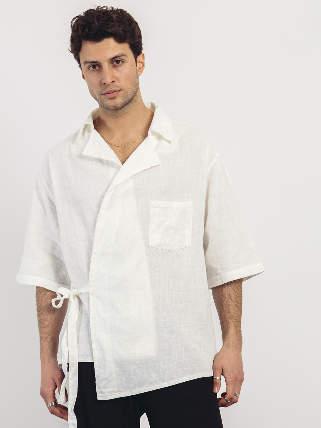 

catch Men Pure Cotton Tie-Up Wrap Casual Shirt, White