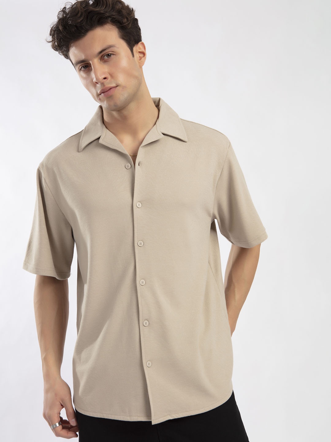 

catch Men Cotton Cuban Collar Opaque Casual Shirt, Beige