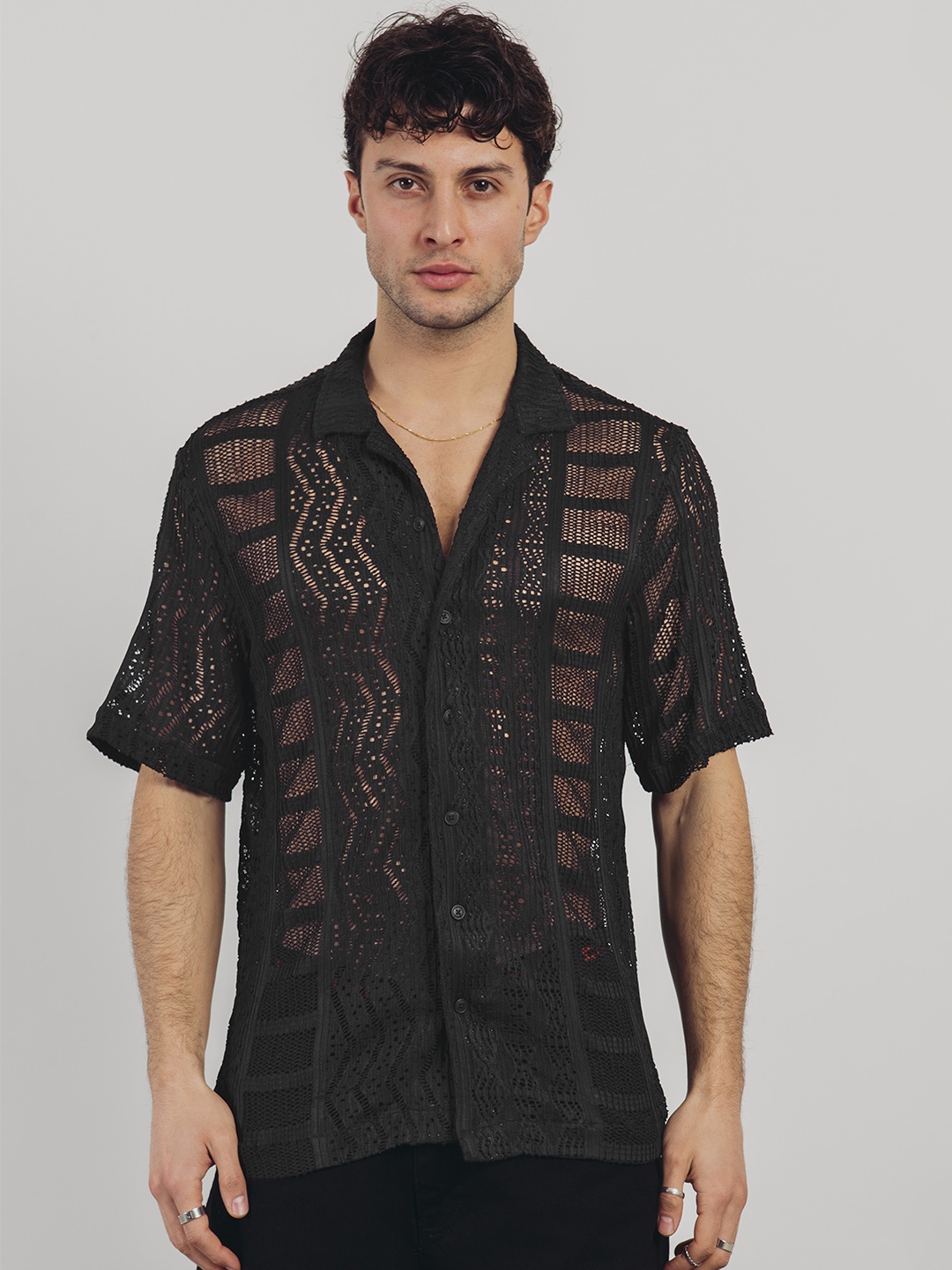 

catch Men Self Design Sheer Casual Crochet Shirt, Black