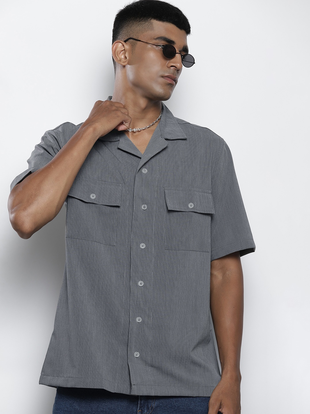 

catch Pinstriped Cuban Collar Casual Shirt, Charcoal