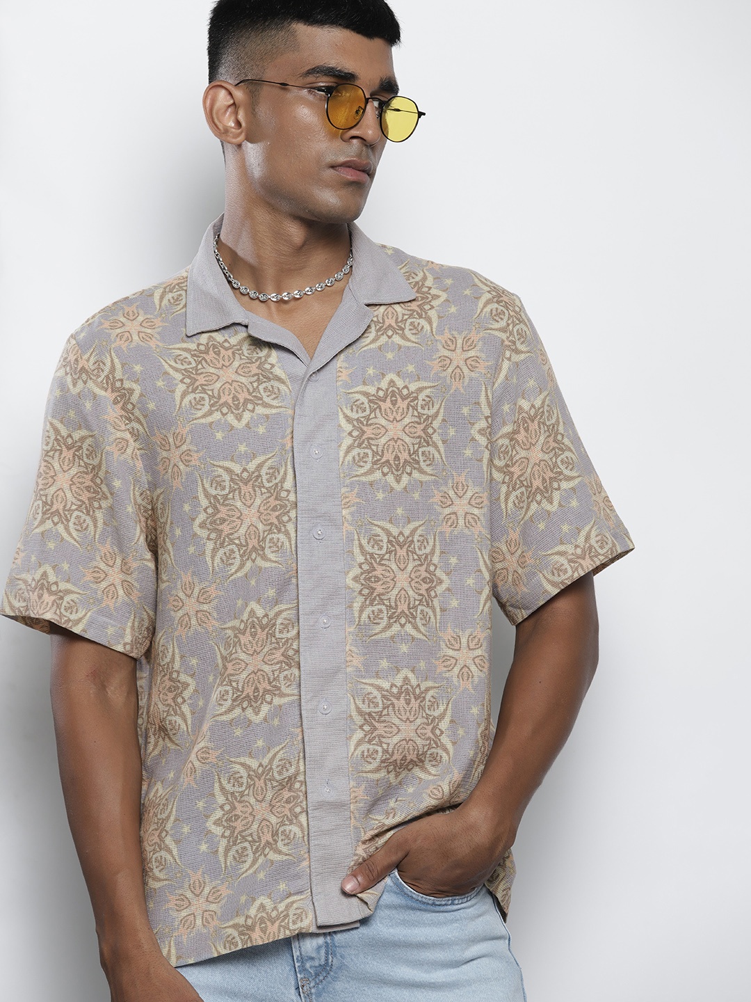 

catch Ethnic Motifs Printed Cuban Collar Shirt, Green