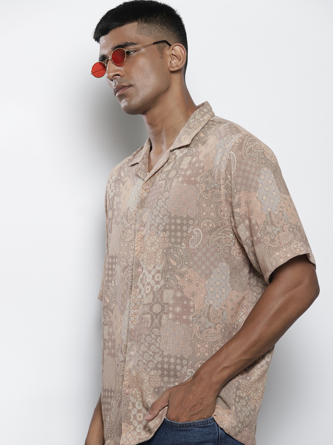 

catch Textured Ethnic Motifs Print Cuban Collar Shirt, Brown