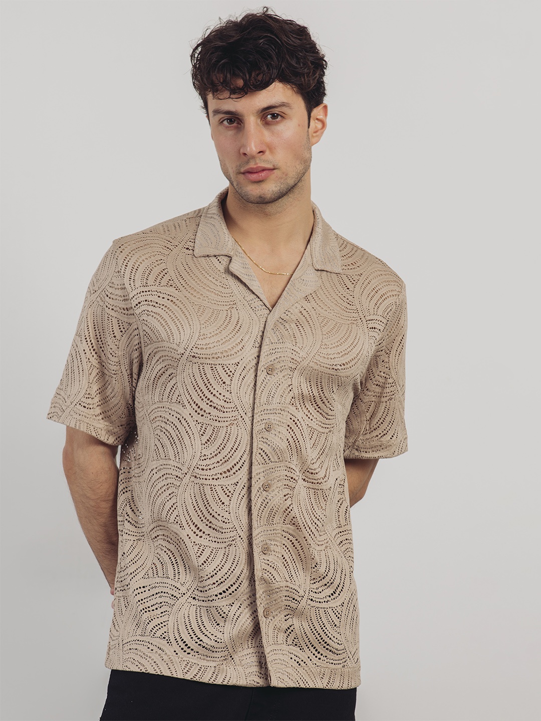

catch Men Chevron Self Design Casual Shirt, Beige