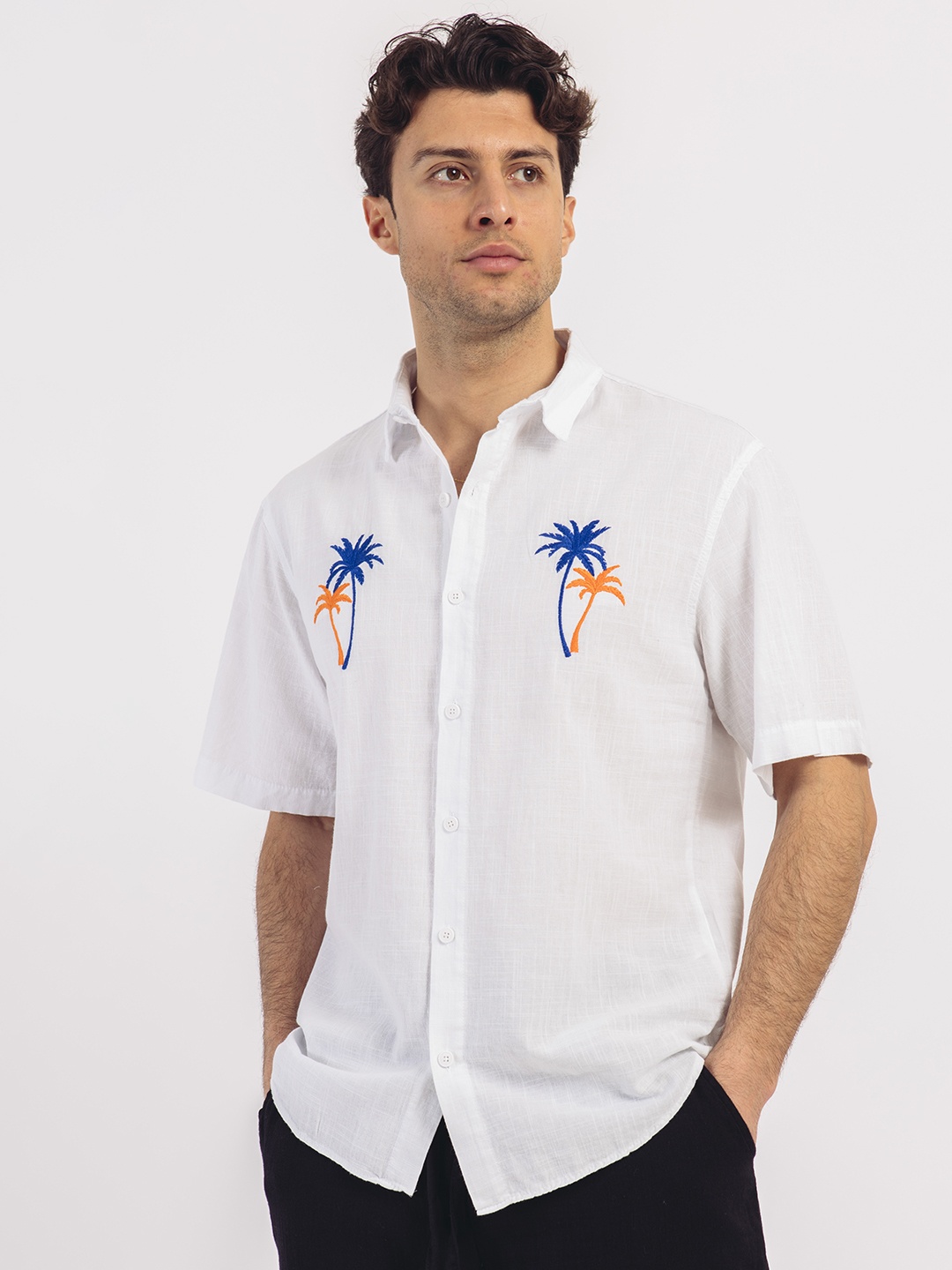 

catch Tropical Embroidered Opaque Casual Shirt, White