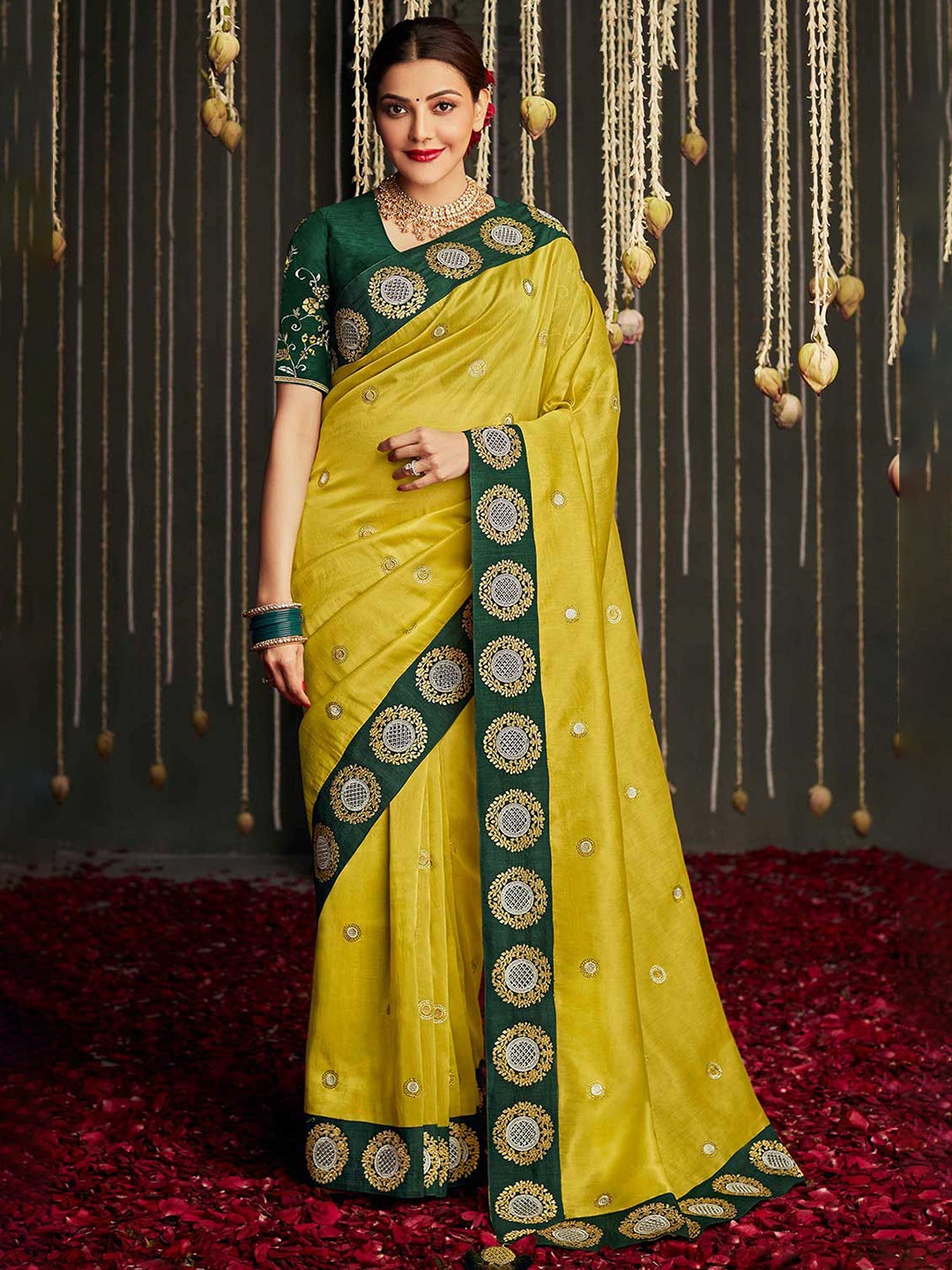 

Mitera Lime Green & Gold-Toned Floral Embroidered Pure Silk Ikat Saree