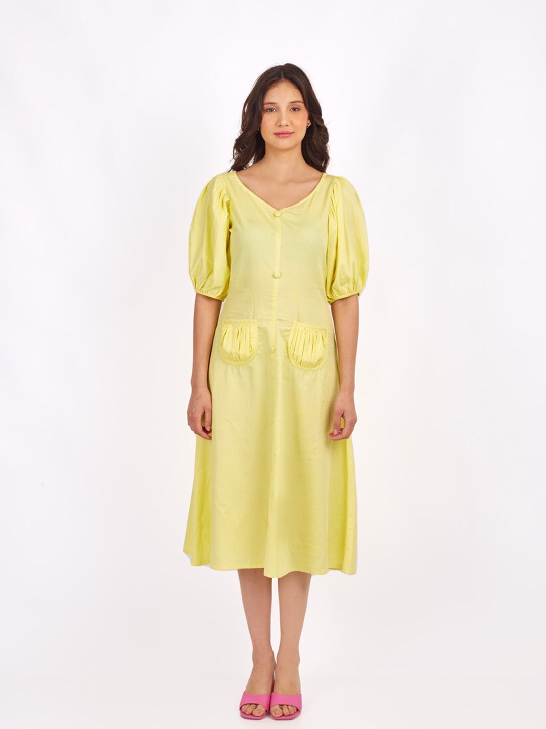 

SHABERRY V-Neck Puff Sleeve Cotton A-Line Dress, Yellow