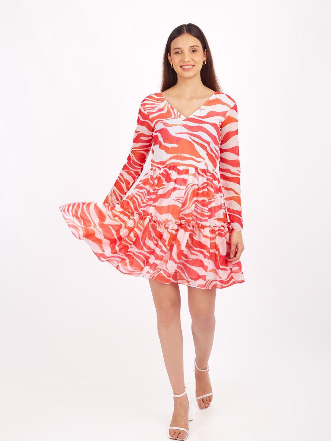 

SHABERRY Abstract Printed Chiffon Fit And Flare Dress, Red