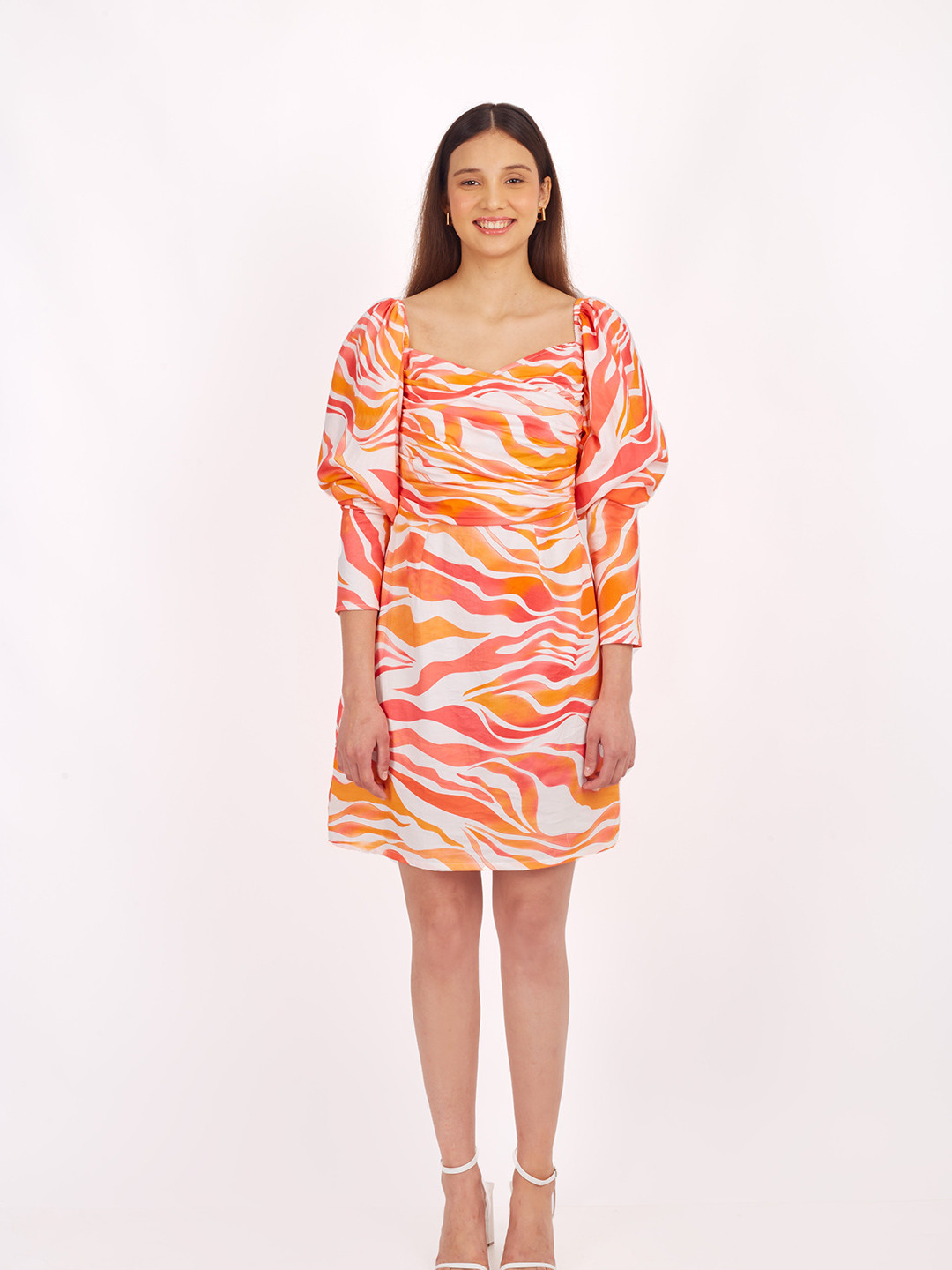 

SHABERRY Abstract Printed Cotton A-Line Dress, Orange