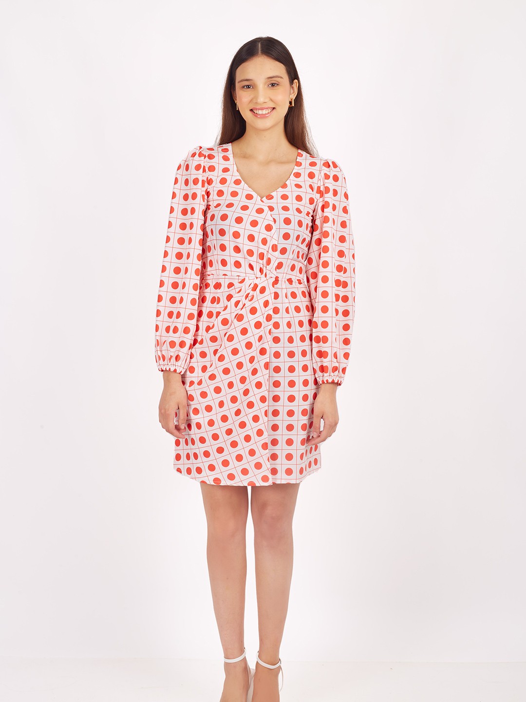 

SHABERRY Polka Dot Printed Puff Sleeve Crepe Wrap Dress, White