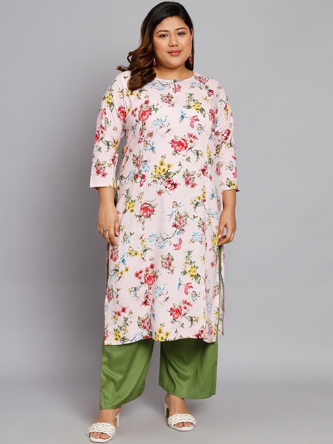 

Tissu Plus Size Floral Printed Regular Kurta With Palazzos, Pink