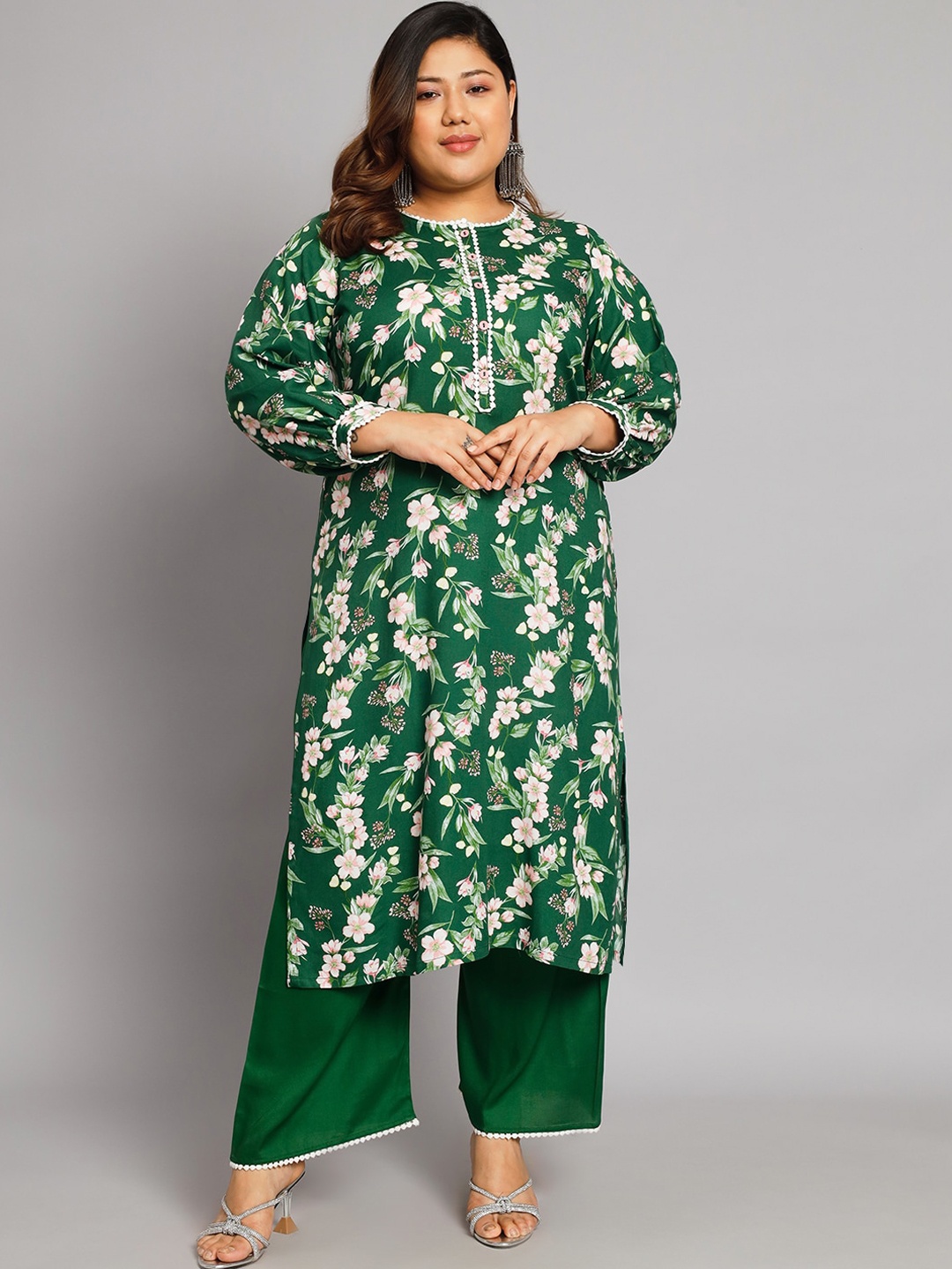 

Tissu Plus Size Floral Printed Regular Kurta With Palazzos, Green