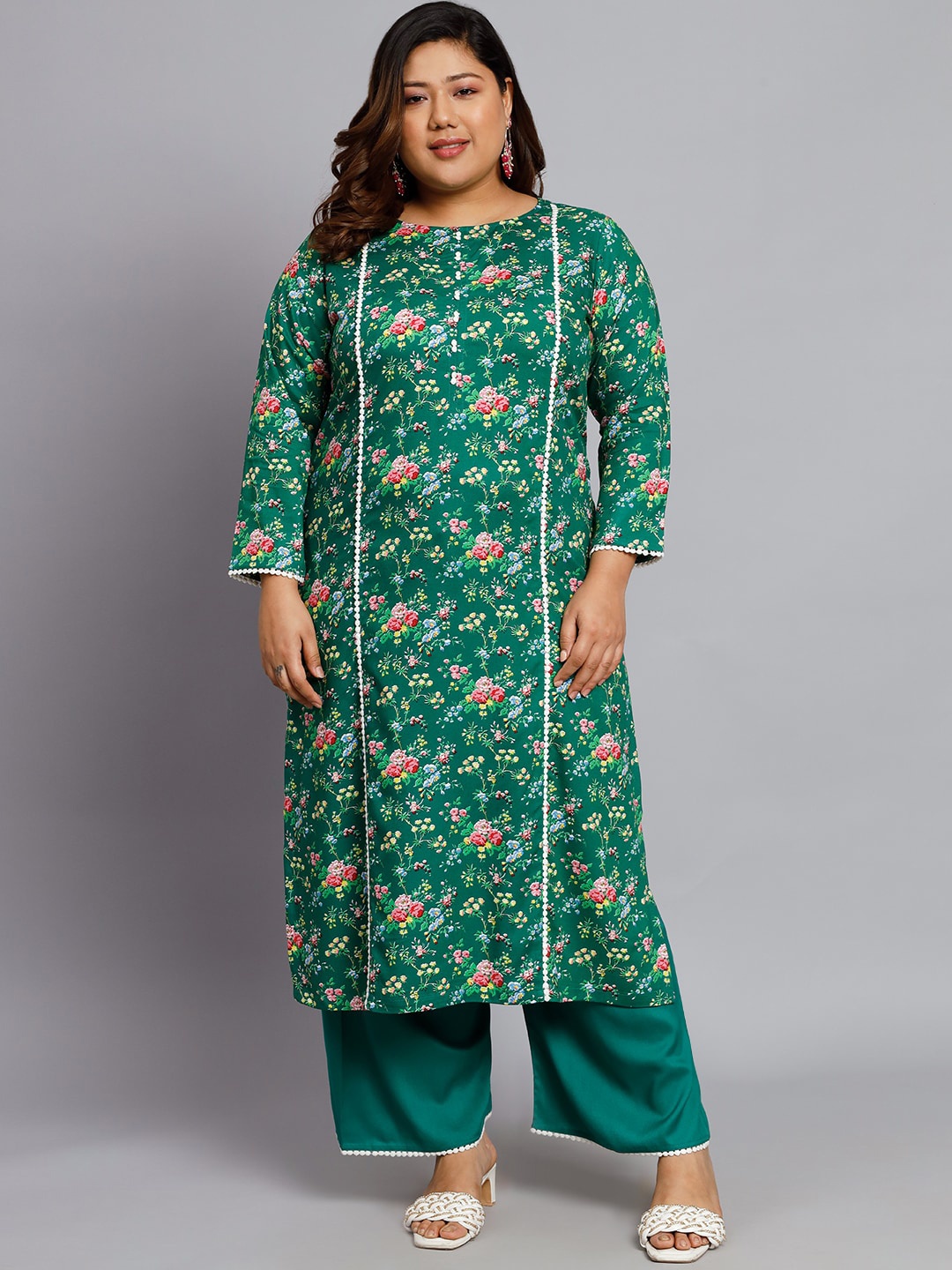 

Tissu Plus Size Floral Printed Regular Kurta With Palazzos, Green