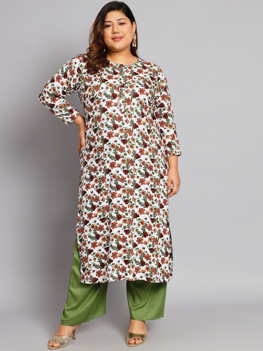 

Tissu Plus Size Floral Printed Regular Kurta With Palazzos, White