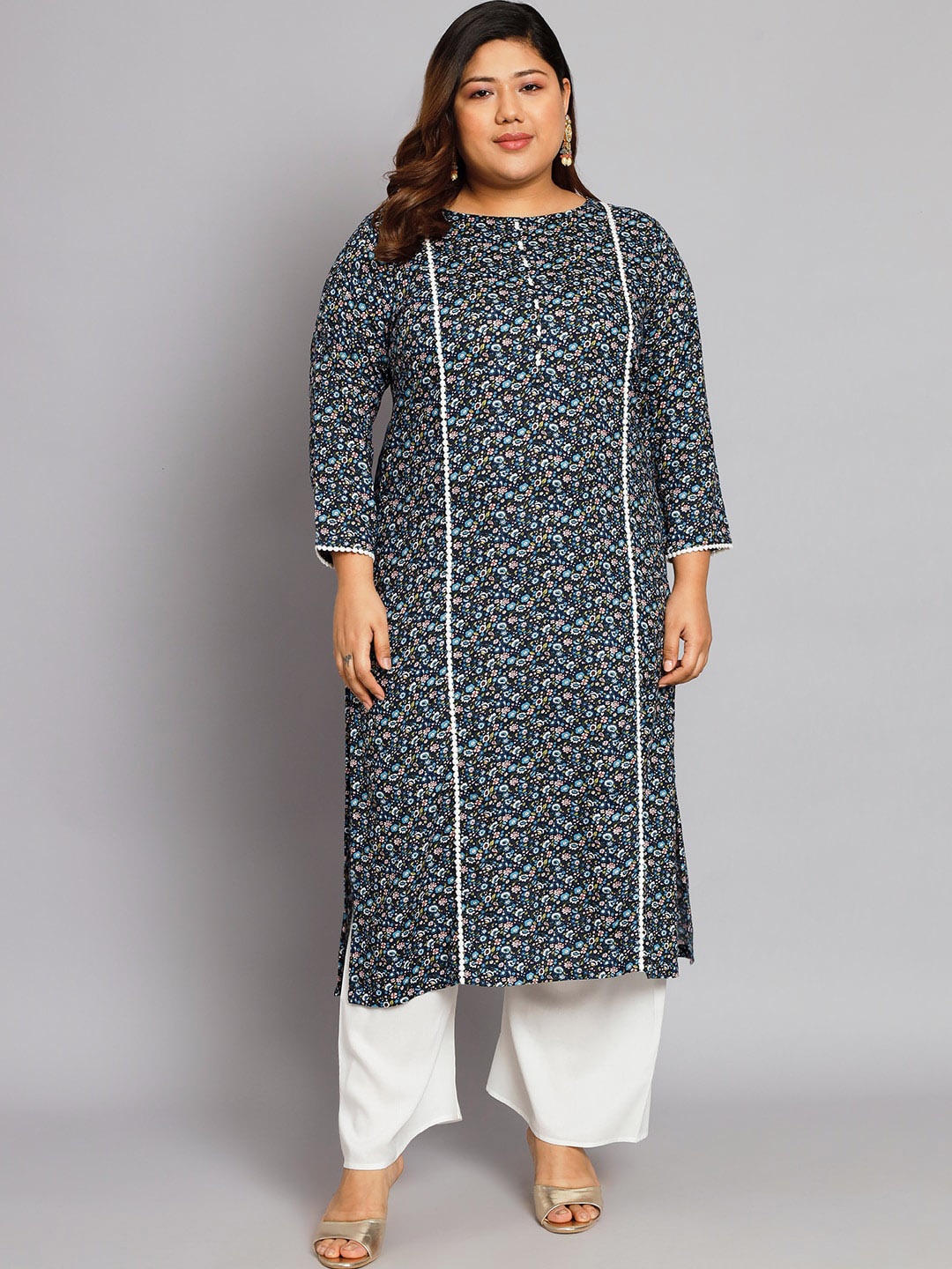 

Tissu Plus Size Floral Printed Regular Kurta With Palazzos, Black