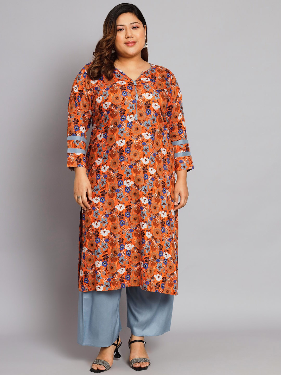 

Tissu Plus Size Floral Printed Regular Kurta With Palazzos, Orange