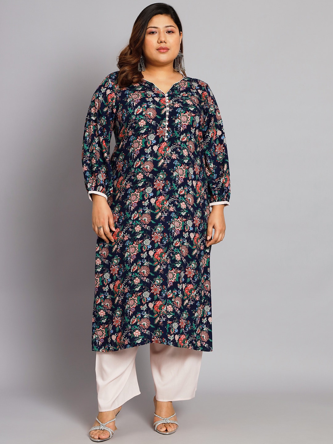 

Tissu Plus Size Floral Printed Regular Kurta With Palazzos, Navy blue