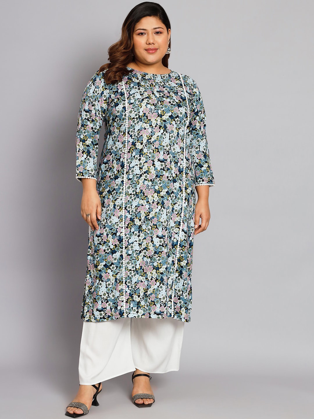 

Tissu Plus Size Floral Printed Regular Kurta With Palazzos, Blue