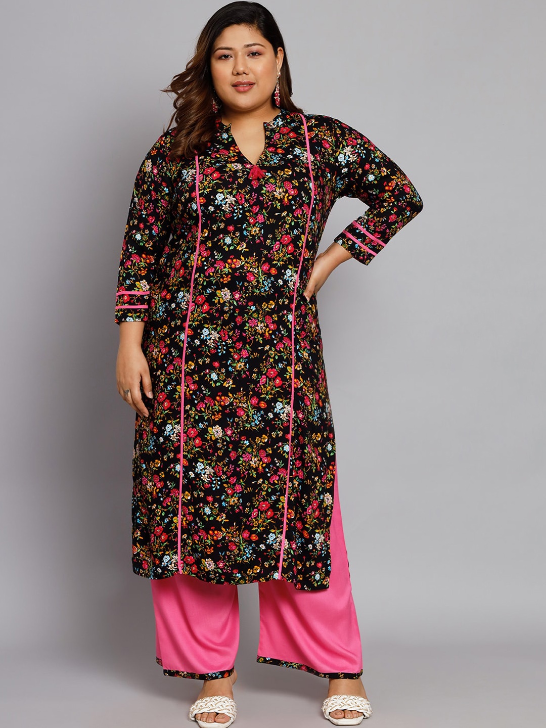 

Tissu Plus Size Floral Printed Regular Kurta With Palazzos, Black