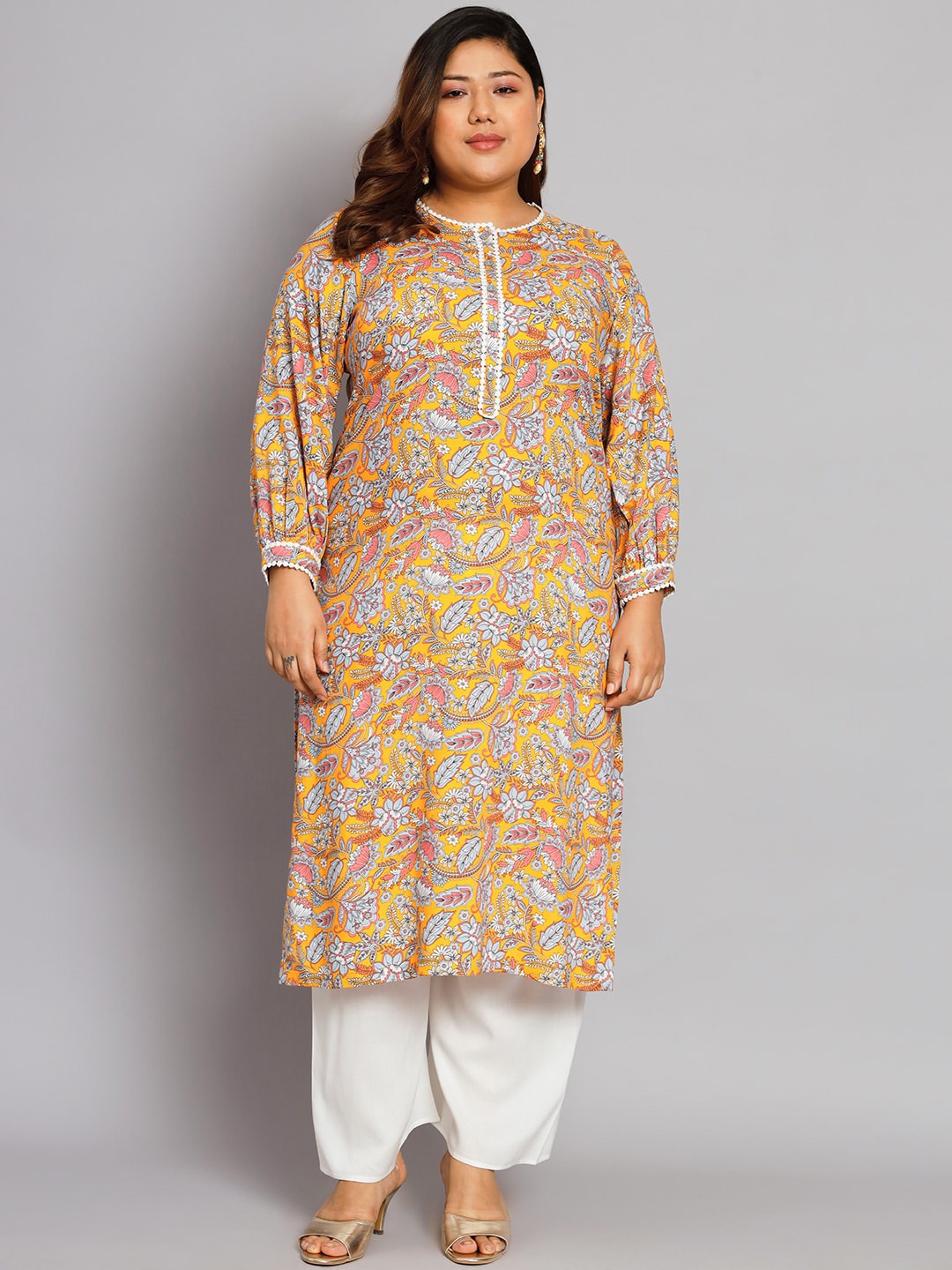 

Tissu Plus Size Floral Printed Regular Kurta With Palazzos, Yellow