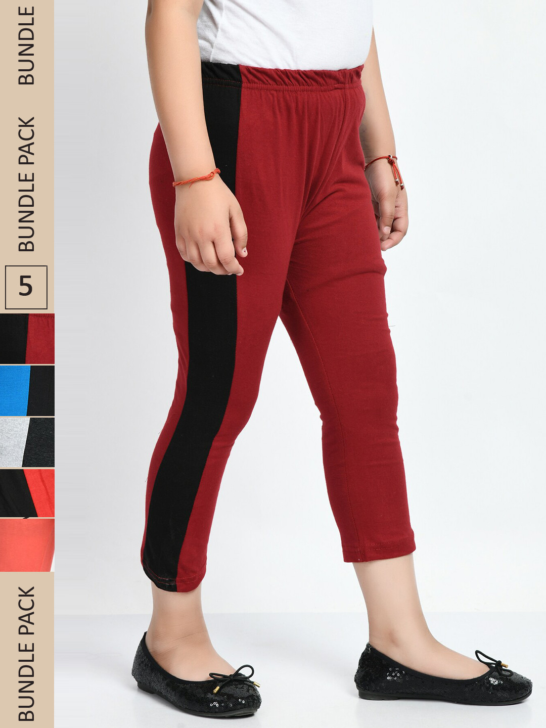 

IndiWeaves Girls Pack of 5 Side Striped Pure Cotton Capris, Maroon