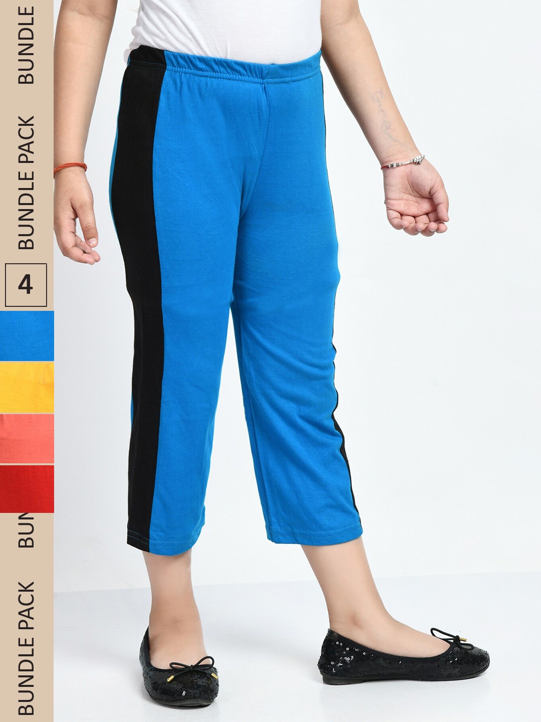 

IndiWeaves Girls Pack Of 4 Colourblocked Pure Cotton Capris, Blue