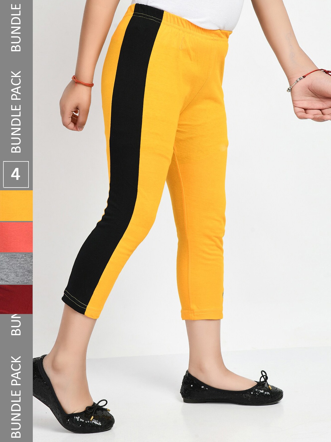 

IndiWeaves Pack Of 4 Striped Girls Mid Rise Pure Cotton Capris, Yellow