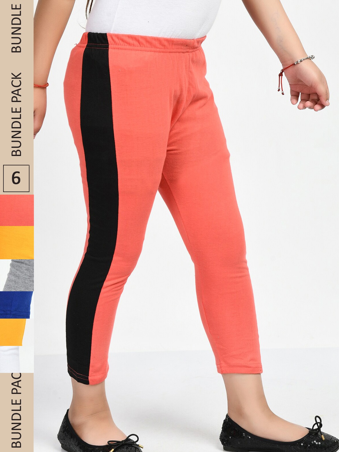 

IndiWeaves Girls Pack Of 5 Striped Pure Cotton Capris, Orange