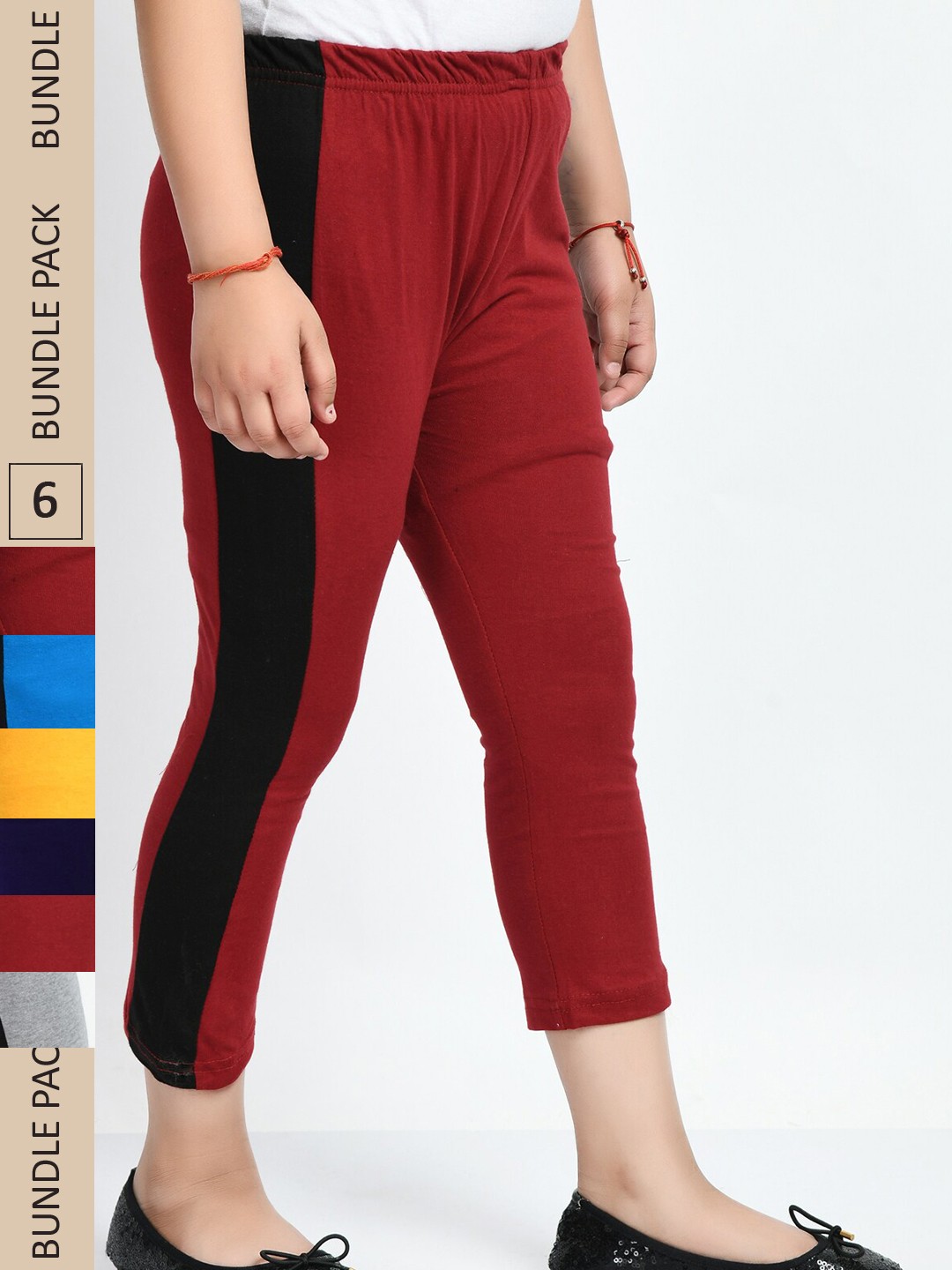 

IndiWeaves Girls Pack Of 5 Striped Pure Cotton Capris, Maroon