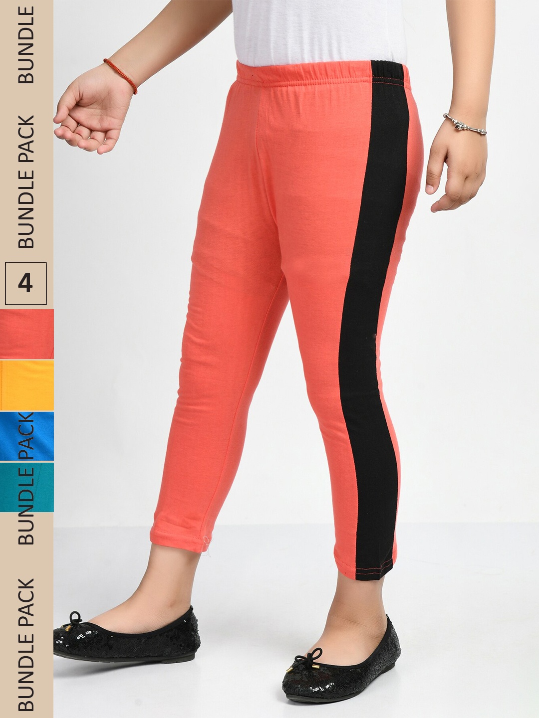 

IndiWeaves Girls Pack Of 5 Colourblocked Pure Cotton Capris, Coral
