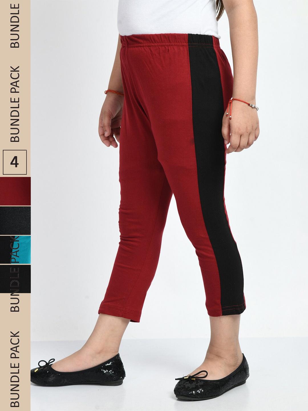 

IndiWeaves Girls Pack Of 4 Printed Side Striped Pure Cotton Capris, Red