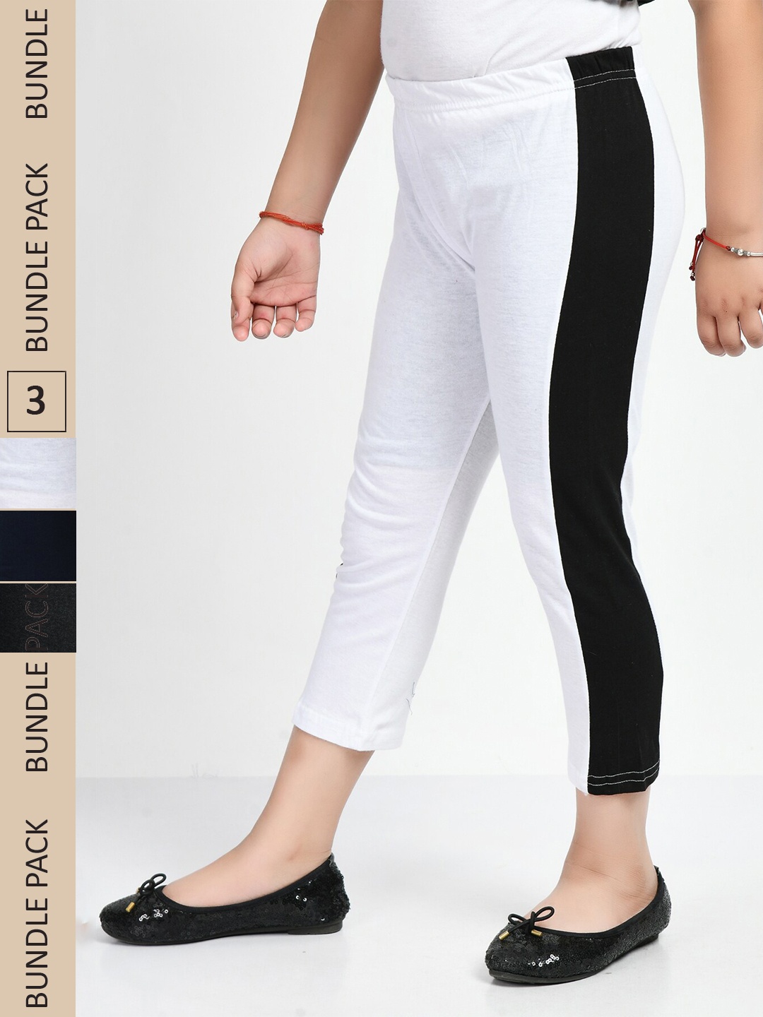 

IndiWeaves Pack Of 3 Striped Girls Mid Rise Pure Cotton Capris, Black