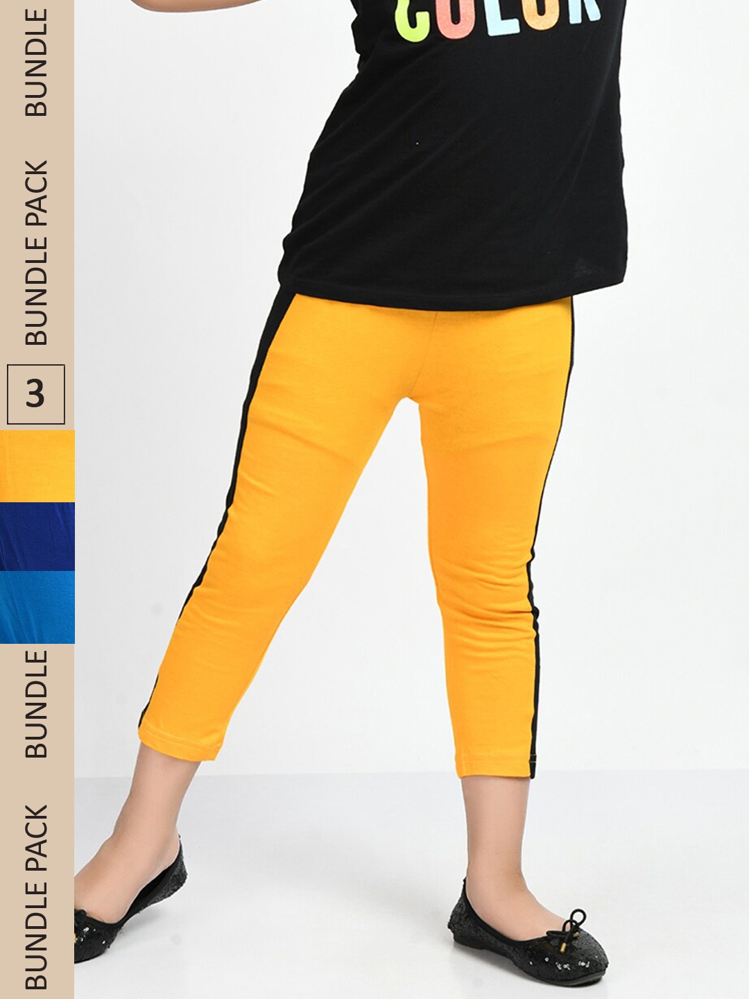 

IndiWeaves Girls Pack Of 3 Colourblocked High Rise Pure Cotton Capris, Yellow