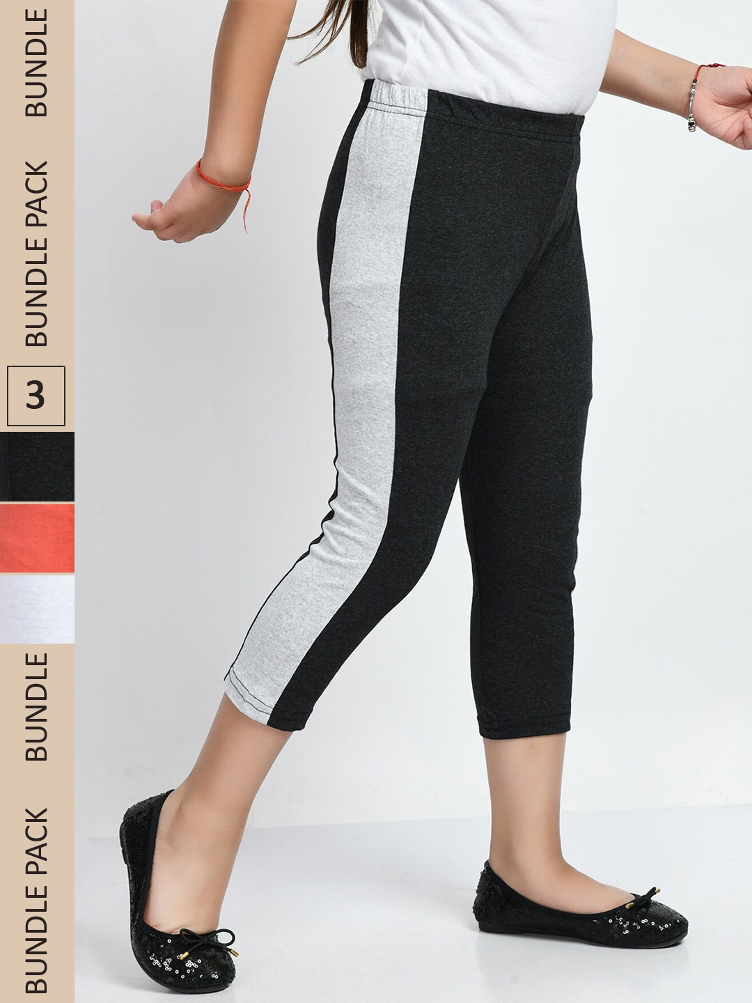 

IndiWeaves Girls Pack Of 3 Striped Pure Cotton Capris, Charcoal