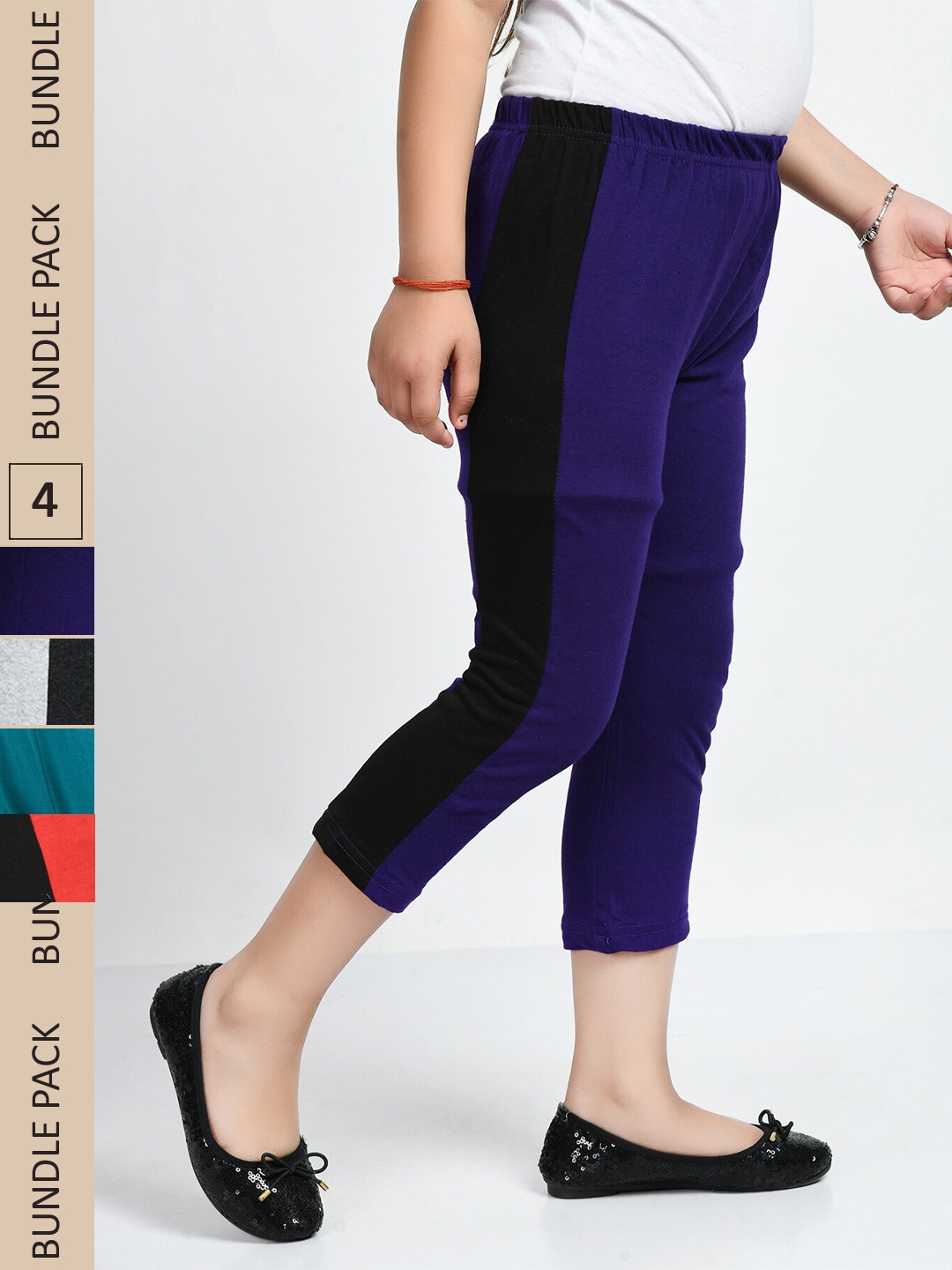 

IndiWeaves Girls Pack Of 4 Colourblocked Pure Cotton Capris, Blue