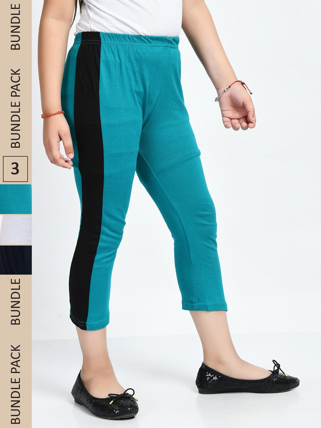 

IndiWeaves Girls Pack Of 3 Colourblocked Pure Cotton Capris, Turquoise blue