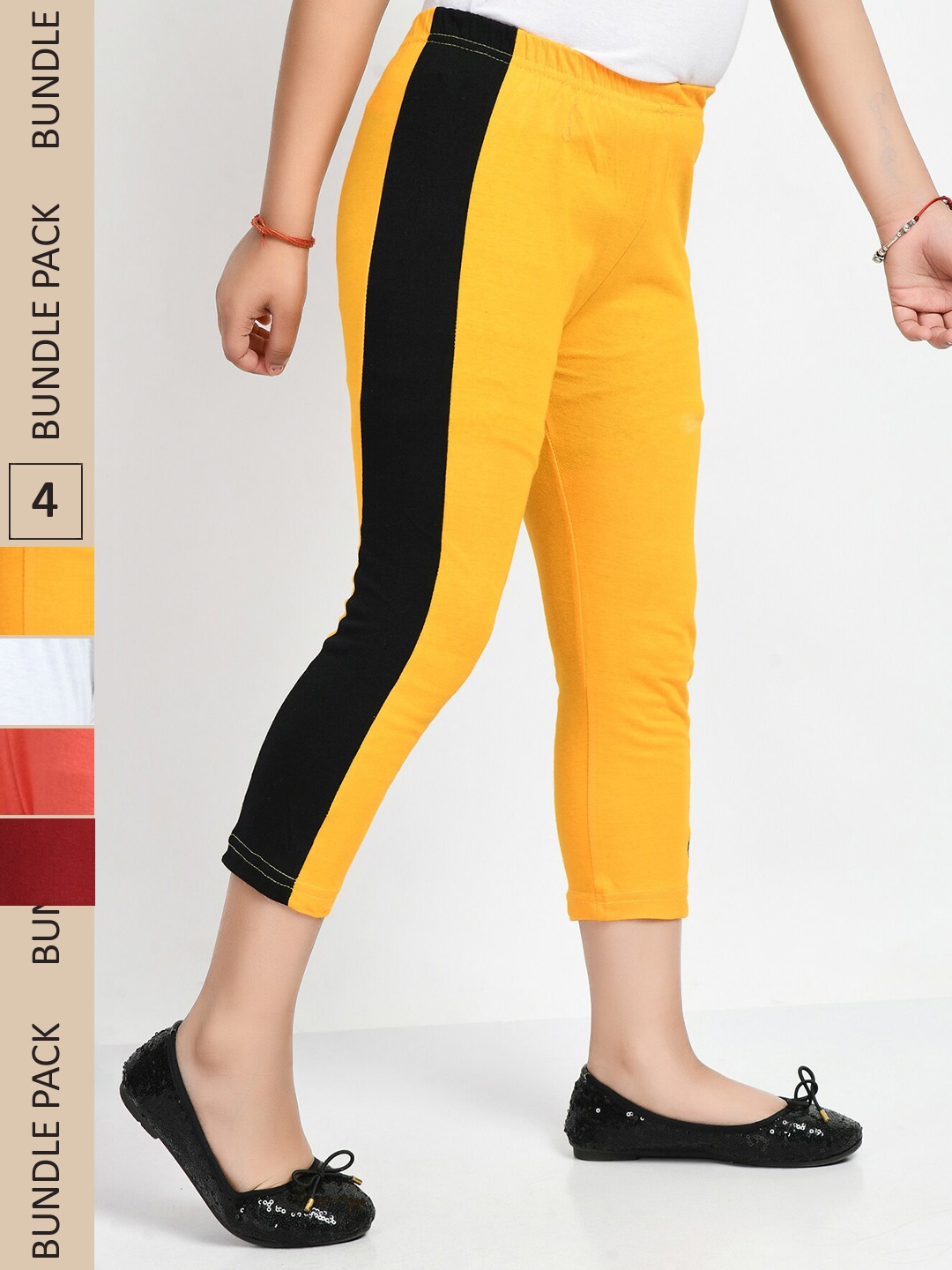 

IndiWeaves Girls Pack Of 4 Striped Pure Cotton Capris, Yellow
