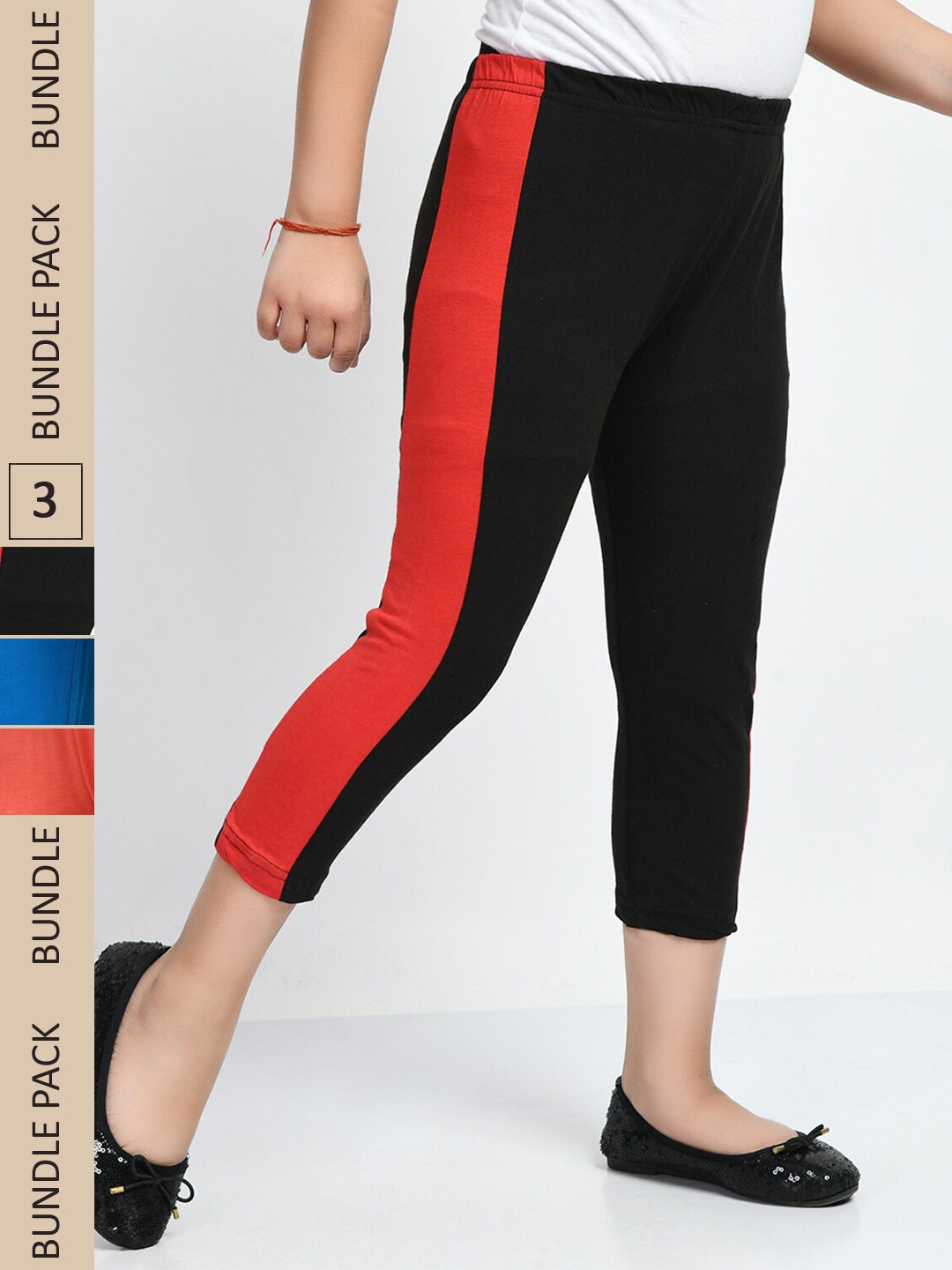 

IndiWeaves Girls Pack Of 3 Colourblocked Pure Cotton Capris, Black