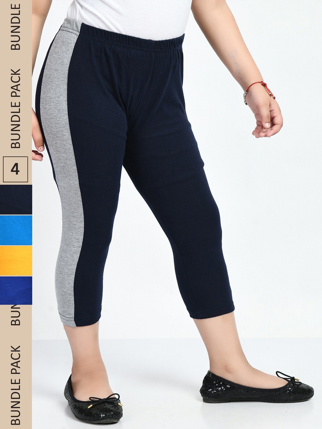 

IndiWeaves Girls Pack Of 4 Striped Pure Cotton Capris, Blue