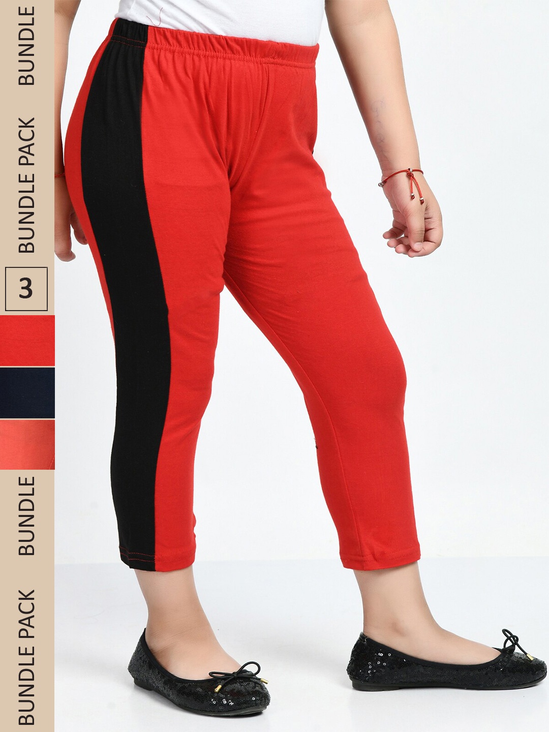 

IndiWeaves Girls Pack Of 3 Mid-Rise Side Striped Pure Cotton Capris, Red