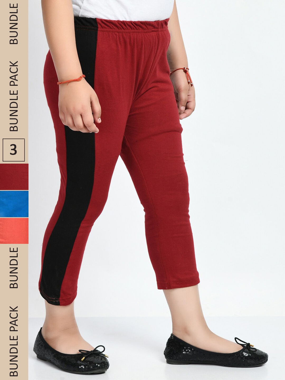 

IndiWeaves Girls Pack Of 3 Side Striped Pure Cotton Capris, Red